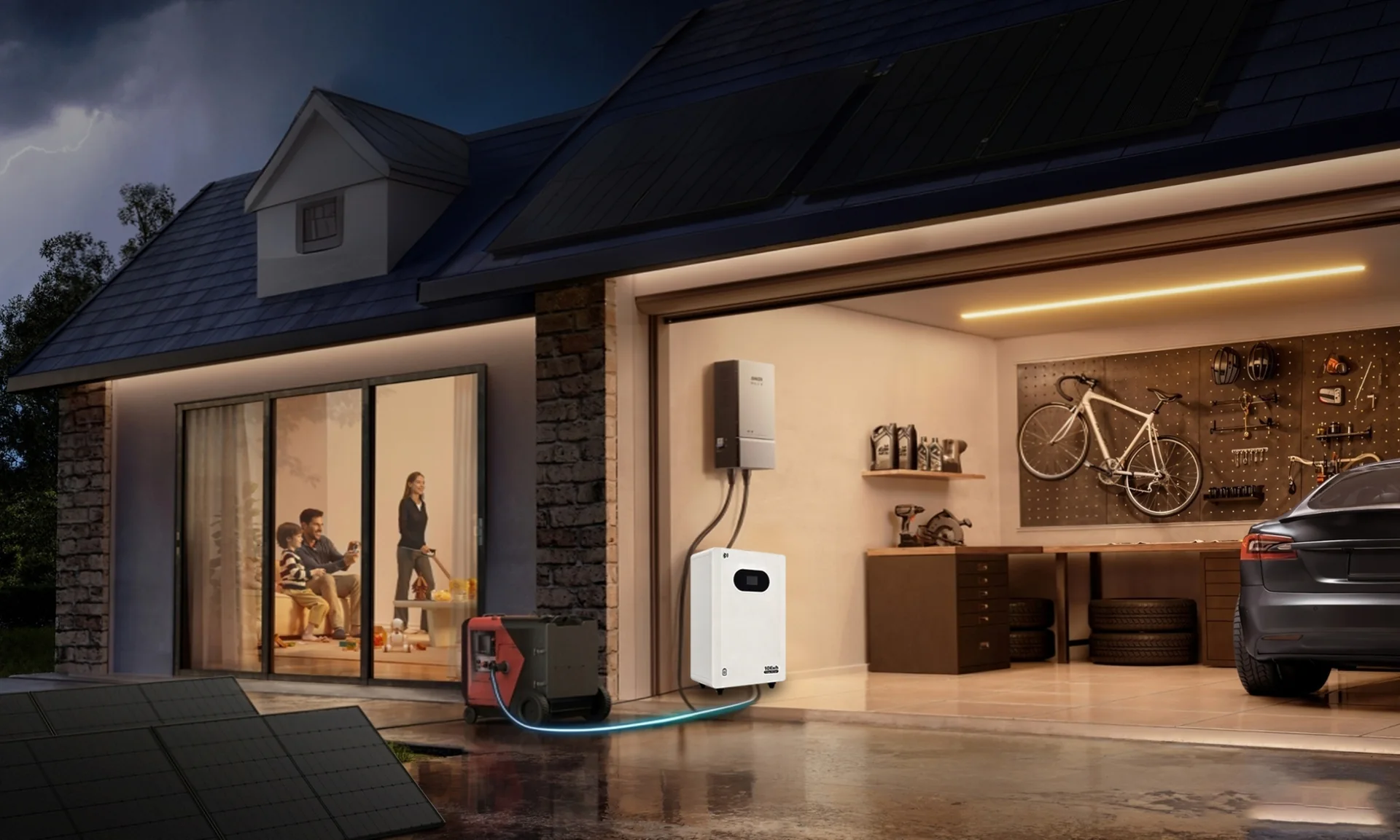 Residential solar and energy storage system at night